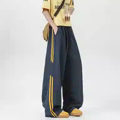 虫小绿 美式复古风夏季舒适透气阔腿长裤针织运动裤 男女同款