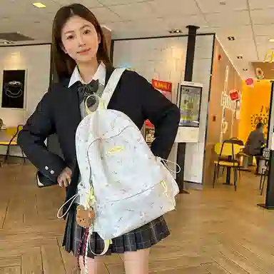 泰格奴 小清新休闲高颜值精美潮版韩版背包初高中生大学生上课百搭书包 尼龙 双肩包 男女同款情侣款 米白色/黑色/黄色/蓝色