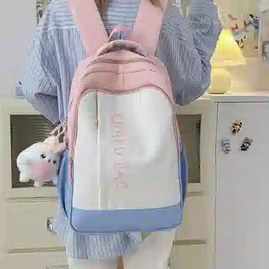 泰格奴 撞色系轻便百搭背包气质高级感潮流时尚初中高中大学生上课书包 尼龙 双肩包 男女同款情侣款 卡其色/粉色/蓝色/绿色/黑色