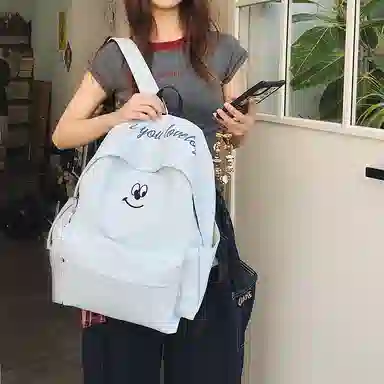 泰格奴 涂鸦通勤旅行小清新轻便高颜值大容量背包初中高中大学生上课百搭书包 尼龙 双肩包 男女同款情侣款 米白色/浅蓝色/藏青色/黑色