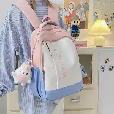 泰格奴 撞色系轻便百搭背包气质高级感潮流时尚初中高中大学生上课书包 尼龙 双肩包 男女同款情侣款 卡其色/粉色/蓝色/绿色/黑色