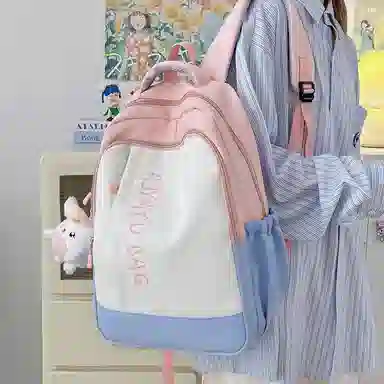 泰格奴 撞色系轻便百搭背包气质高级感潮流时尚初中高中大学生上课书包 尼龙 双肩包 男女同款情侣款 卡其色/粉色/蓝色/绿色/黑色