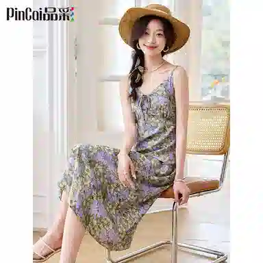 品彩 时尚穿搭海边度假风碎花沙滩裙复古收腰吊带连衣裙 女款