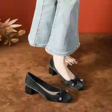 兰缪 织物 高级感蝴蝶结小香风 粗跟 高跟鞋 女