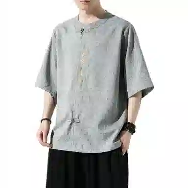 加荣 唐装中国风夏季薄款透气仿麻汉服短袖衬衫复古宽松盘扣立领潮流百搭大码青少年户外出行五分袖衬衣上衣 男女同款