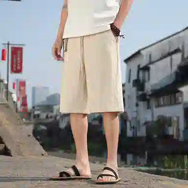 加荣 红色薄款中国风潮流纯色新中式大码宽松直筒阔腿裤子高级感户外透气五分裤休闲短裤 男女同款