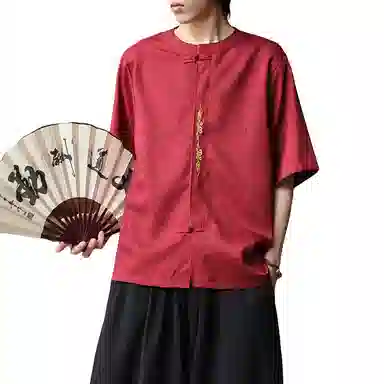 加荣 唐装中国风夏季薄款透气仿麻汉服短袖衬衫复古宽松盘扣立领潮流百搭大码青少年户外出行五分袖衬衣上衣 男女同款