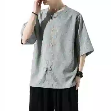加荣 唐装中国风夏季薄款透气仿麻汉服短袖衬衫复古宽松盘扣立领潮流百搭大码青少年户外出行五分袖衬衣上衣 男女同款