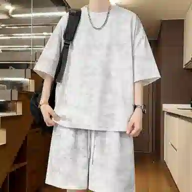 加荣 扎染青少年帅气学生复古高级感时尚初夏穿搭宽松直筒阔腿圆领短袖短裤休闲运动套装 男女同款