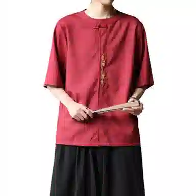 加荣 唐装中国风夏季薄款透气仿麻汉服短袖衬衫复古宽松盘扣立领潮流百搭大码青少年户外出行五分袖衬衣上衣 男女同款