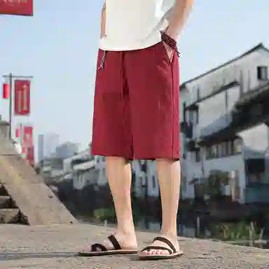 加荣 红色薄款中国风潮流纯色新中式大码宽松直筒阔腿裤子高级感户外透气五分裤休闲短裤 男女同款