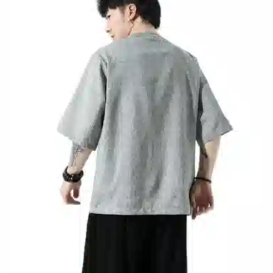 加荣 唐装中国风夏季薄款透气仿麻汉服短袖衬衫复古宽松盘扣立领潮流百搭大码青少年户外出行五分袖衬衣上衣 男女同款