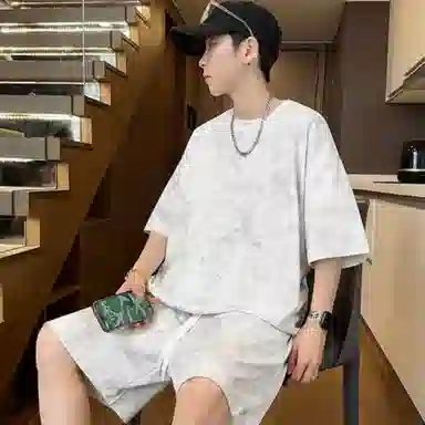 加荣 扎染青少年帅气学生复古高级感时尚初夏穿搭宽松直筒阔腿圆领短袖短裤休闲运动套装 男女同款