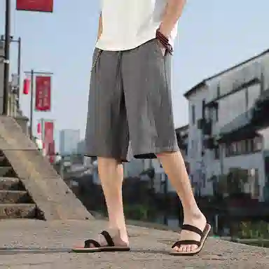 加荣 红色薄款中国风潮流纯色新中式大码宽松直筒阔腿裤子高级感户外透气五分裤休闲短裤 男女同款