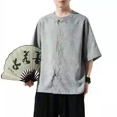 加荣 唐装中国风夏季薄款透气仿麻汉服短袖衬衫复古宽松盘扣立领潮流百搭大码青少年户外出行五分袖衬衣上衣 男女同款