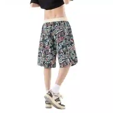 加荣 过膝涂鸦刺绣短裤男夏季轻薄透气潮牌青少年日常出行通勤百搭运动裤小众设计感大码宽松休闲松紧腰五分中裤外穿休闲短裤 男女同款