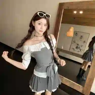 费尔岛上的猫 学院风拼接绑带设计感上衣半身裙组合裙装套装 女款