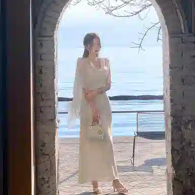 沐晓欣 新中式国风温柔气质提花吊带连衣裙开衫裙装套装 女款 米白色