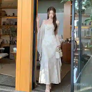 沐晓欣 新中式国风温柔气质提花吊带连衣裙开衫裙装套装 女款 米白色