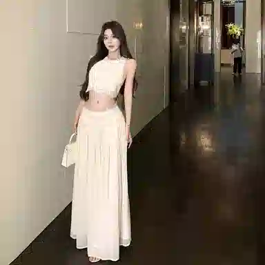 沐晓欣 蕾丝拼接纯欲修身无袖背心女夏季设计感高腰半身裙两件套裙装套装 女款