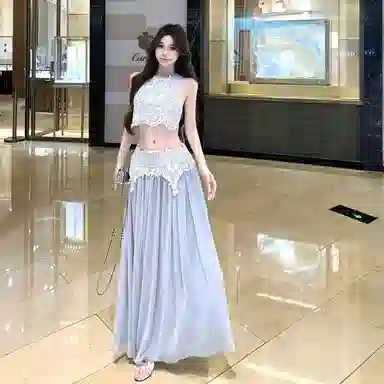 沐晓欣 蕾丝拼接纯欲修身无袖背心女夏季设计感高腰半身裙两件套裙装套装 女款