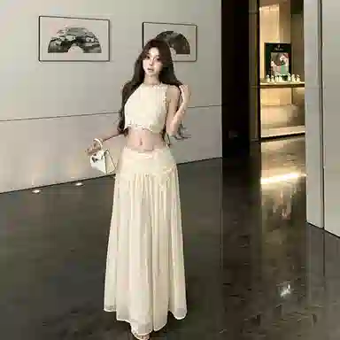 沐晓欣 蕾丝拼接纯欲修身无袖背心女夏季设计感高腰半身裙两件套裙装套装 女款