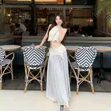沐晓欣 蕾丝拼接纯欲修身无袖背心女夏季设计感高腰半身裙两件套裙装套装 女款