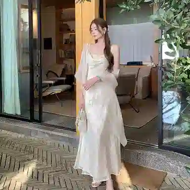 沐晓欣 新中式国风温柔气质提花吊带连衣裙开衫裙装套装 女款 米白色