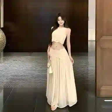 沐晓欣 蕾丝拼接纯欲修身无袖背心女夏季设计感高腰半身裙两件套裙装套装 女款