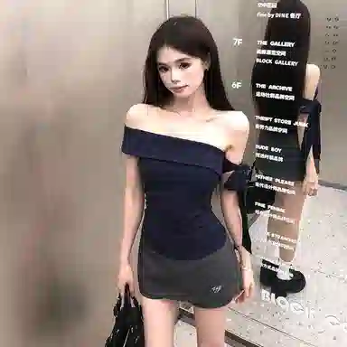 邓大喵 夏季时尚韩系法式一字肩上衣半装 舒适百搭显瘦设计感裙装套装 女款