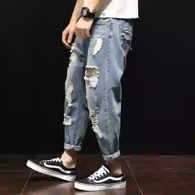 吉肯蒂 薄款潮牌破洞宽松潮流百搭牛仔裤 男款