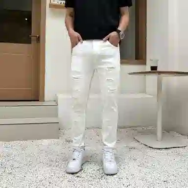 吉肯蒂 破洞补丁牛仔裤男士春夏潮流百搭烫钻韩版薄款九分裤 男款
