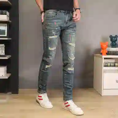 吉肯蒂 秋冬高端破洞裤男修身小脚裤漆点复古弹力时尚百搭牛仔裤 男款