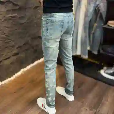吉肯蒂 高端复古印花潮流修身裤长裤牛仔裤 男款