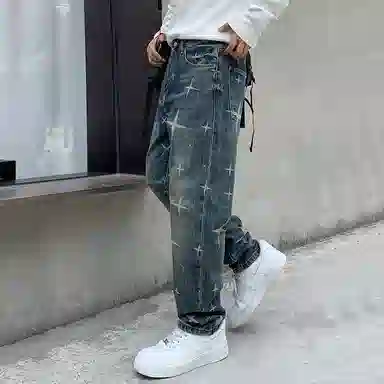 吉肯蒂 高端美式复古星光印花牛仔裤男春秋潮牌宽松直筒长裤 男款