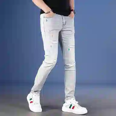 吉肯蒂 潮流个性帅气破洞裤潮牌修身弹力时尚牛仔裤 男款
