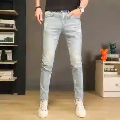 吉肯蒂 春夏薄款欧版潮流水洗印花百搭修身弹力牛仔裤 男款