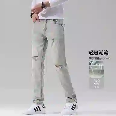 吉肯蒂 高端破洞裤修身小脚新浅蓝色休闲弹力韩版裤子牛仔裤 男款