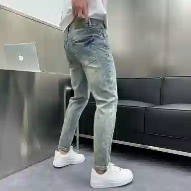 吉肯蒂 潮牌韩版破洞做旧破洞高街时尚九分裤牛仔裤 男款