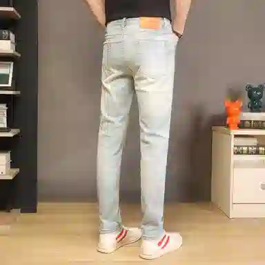 吉肯蒂 高端薄款破洞裤九分裤裤子潮流补丁浅色修身小脚裤牛仔裤 男款