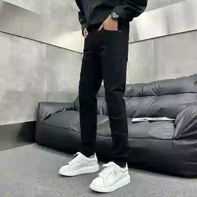 吉肯蒂 潮牌秋冬水洗破洞贴布高级泼墨修身小脚裤弹力长裤男牛仔裤 男款