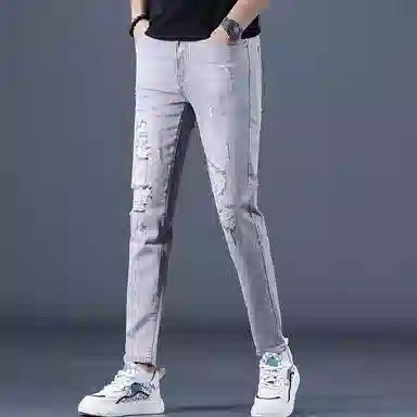 吉肯蒂 潮流薄款修身破洞九分裤修身休闲韩版牛仔裤 男款