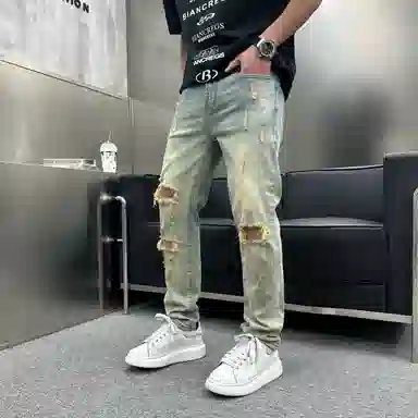 吉肯蒂 膝盖刮烂破洞潮牌薄款长裤牛仔裤 男款