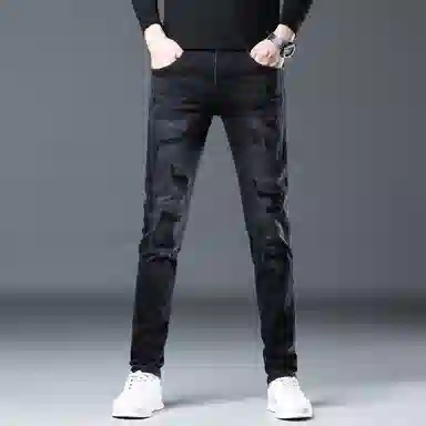 吉肯蒂 秋冬款潮牌男裤修身显高弹力小脚裤休闲男长裤牛仔裤 男款
