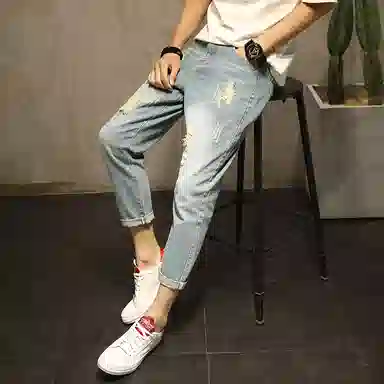 吉肯蒂 破洞薄款乞丐宽松直筒九分牛仔裤 男款