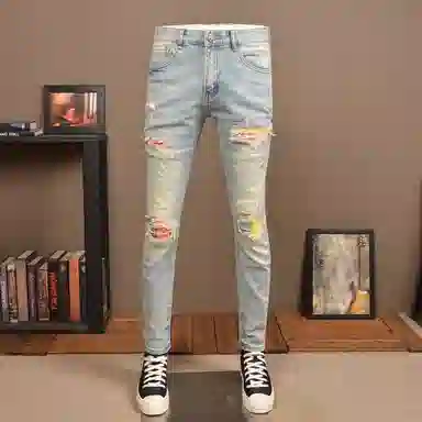 吉肯蒂 秋冬复古浅色破洞牛仔裤弹力修身小脚刮烂补丁长裤 男款