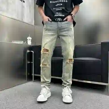 吉肯蒂 膝盖刮烂破洞潮牌薄款长裤牛仔裤 男款
