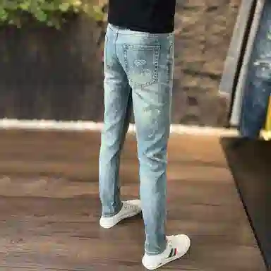 吉肯蒂 薄款潮流时尚印花修身弹力小脚长裤牛仔裤 男款