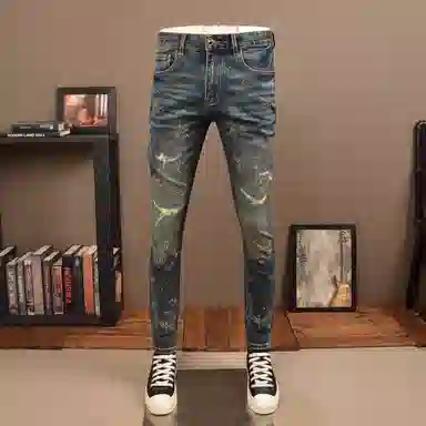 吉肯蒂 秋冬复古蓝破洞牛仔裤男弹力修身小脚潮牌长裤 男款