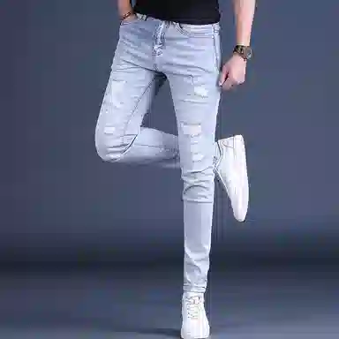 吉肯蒂 破洞潮牌修身潮流个性设计牛仔裤 男款
